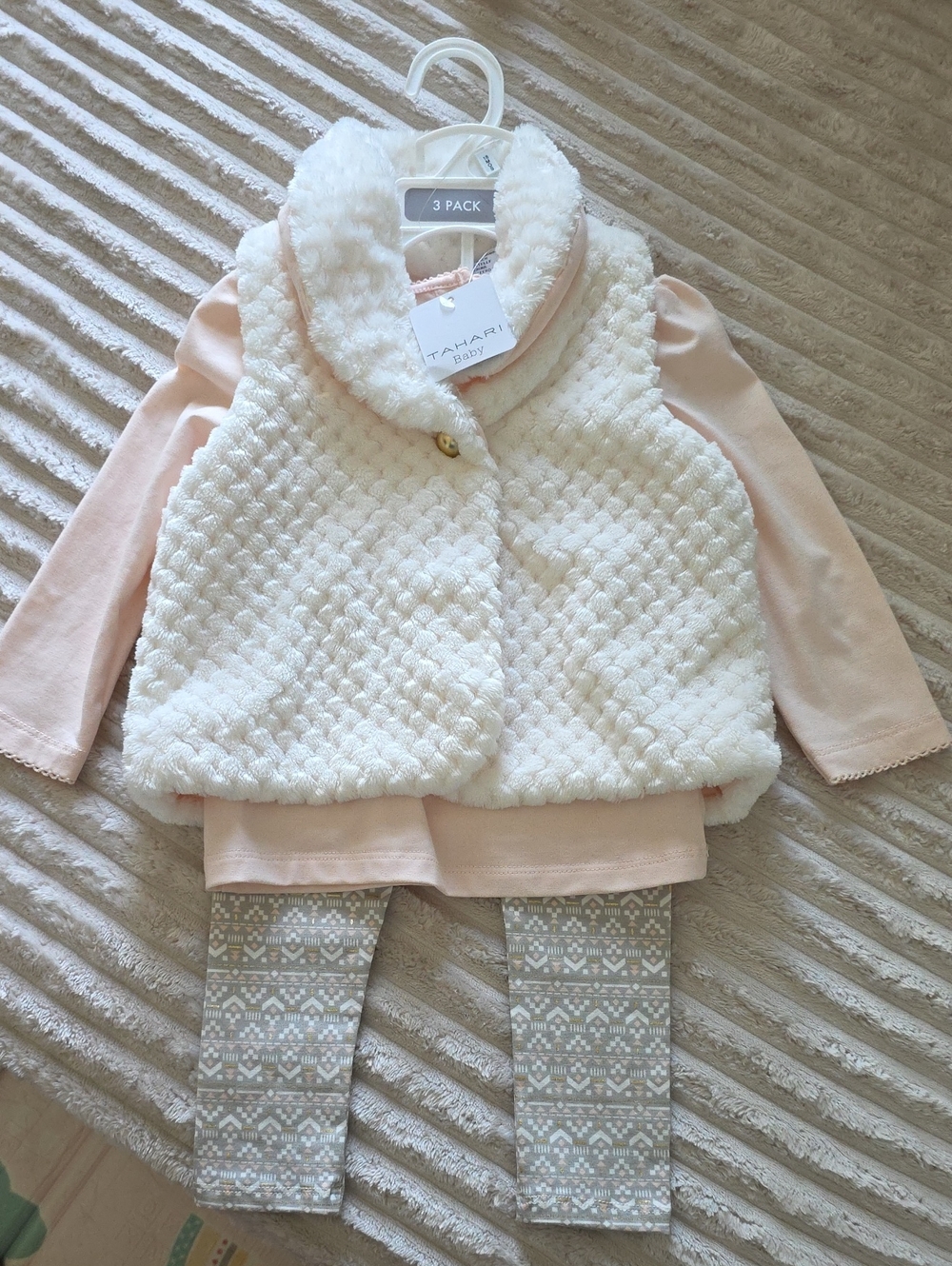 Tahari Baby Cream Faux-Fur Vest with Blush Pink Top & Gray Fair Isle Leggings